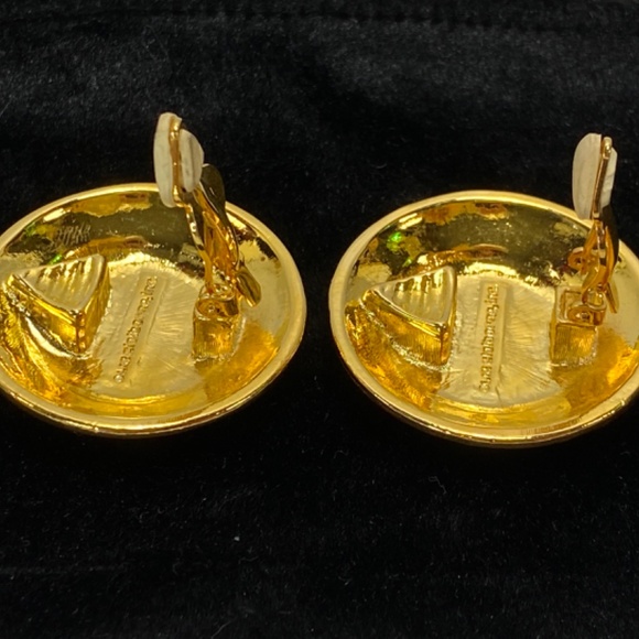 Vintage Liz Claiborne Gold Tone Harlequin Earrings Round Clip-Ons Designer 1.5" - Picture 4 of 9